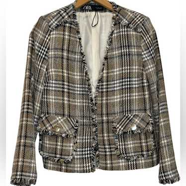 Zara Zara Brown Checked Cotton Blend Boucle Jacke… - image 1