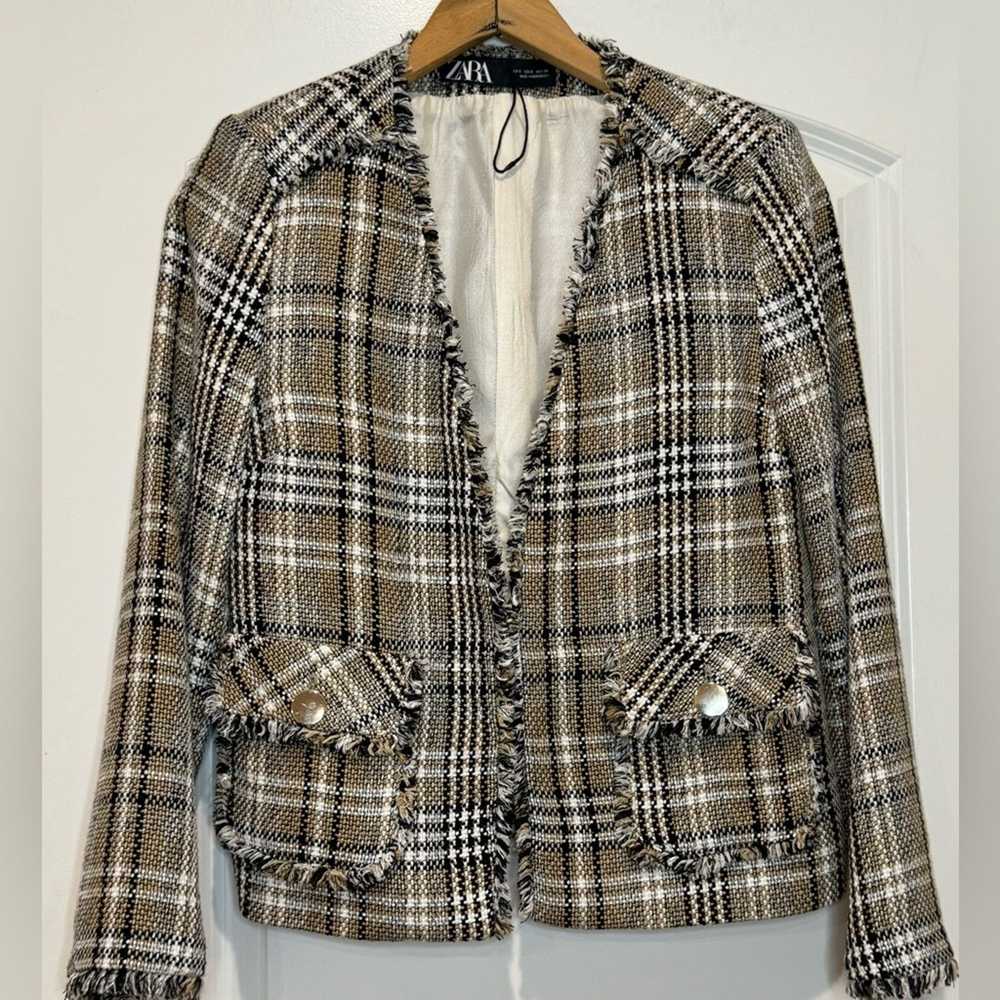 Zara Zara Brown Checked Cotton Blend Boucle Jacke… - image 8