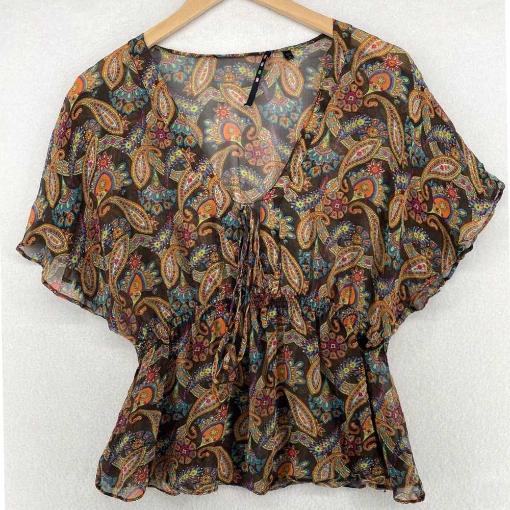 Vintage Brown Floral Paisley Smocked Gauze Silk C… - image 1