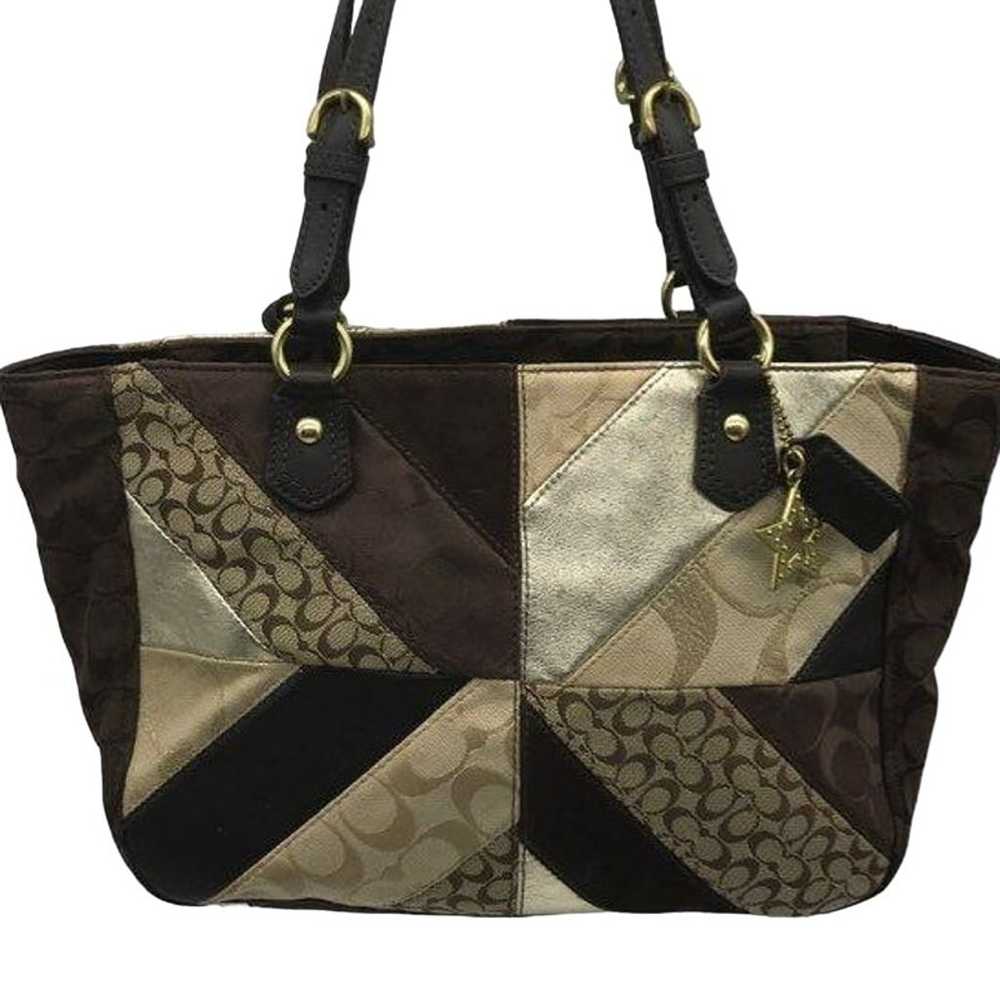 Vintage COACH Brown Chevron Leather and Canvas Ba… - image 1