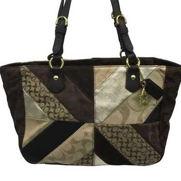 Vintage COACH Brown Chevron Leather and Canvas Ba… - image 1