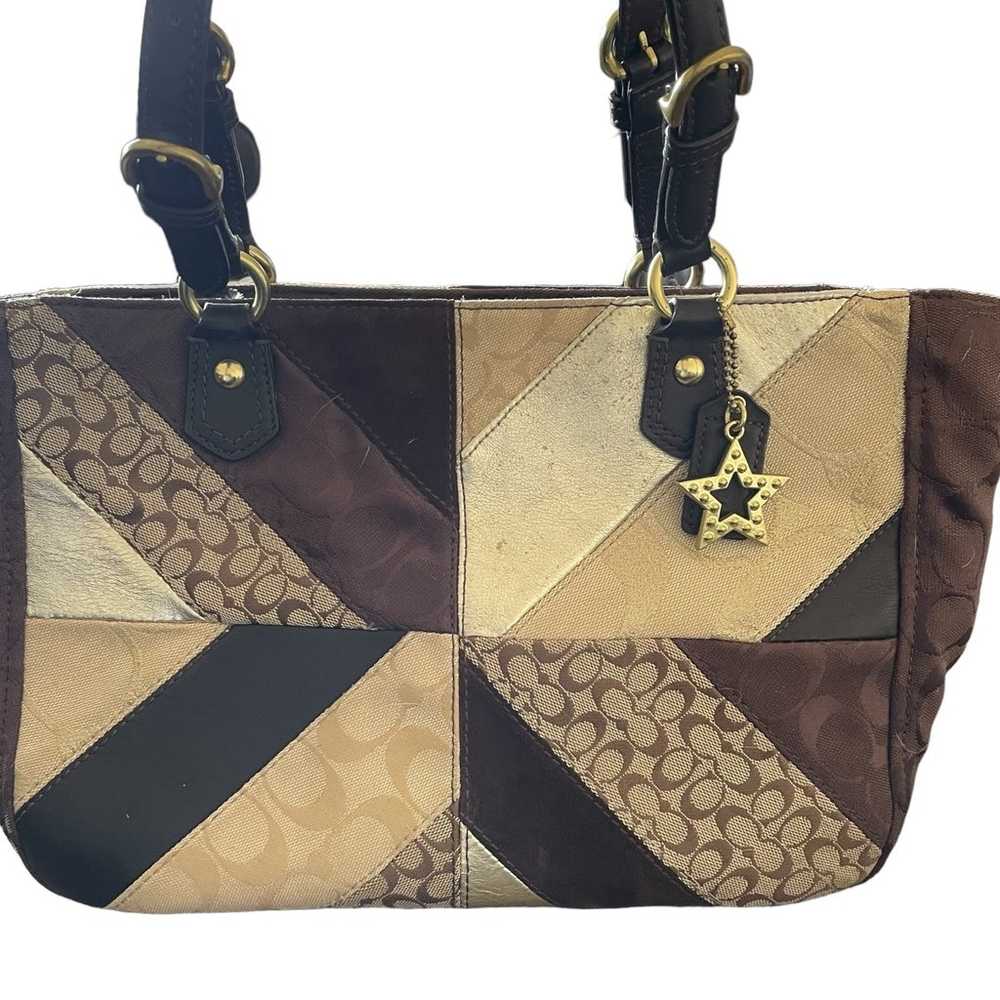 Vintage COACH Brown Chevron Leather and Canvas Ba… - image 2