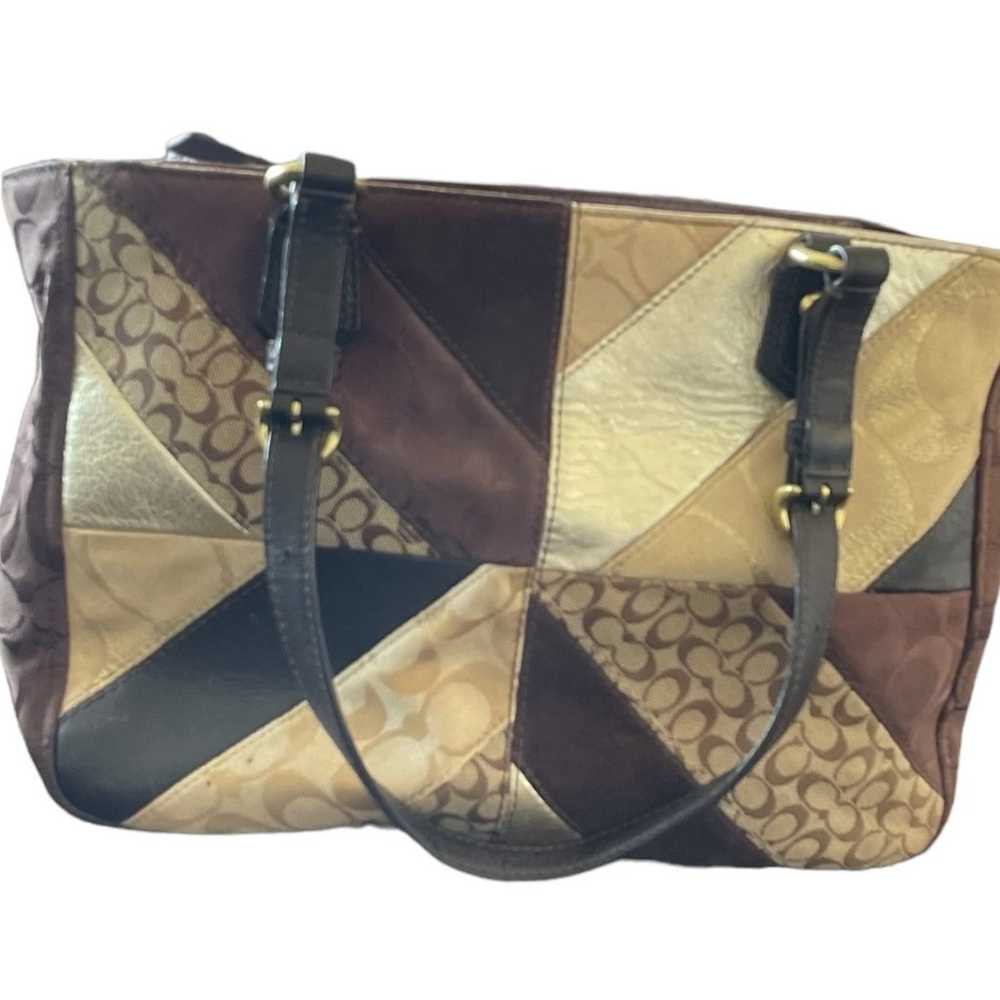 Vintage COACH Brown Chevron Leather and Canvas Ba… - image 3