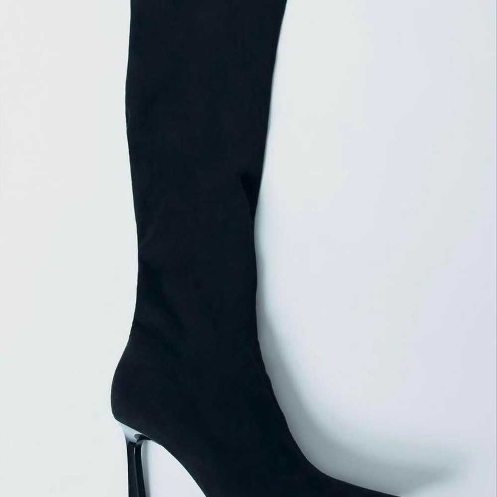 ZARA Mid-Heel Fabric Boots Suede Long Boots Black - image 3