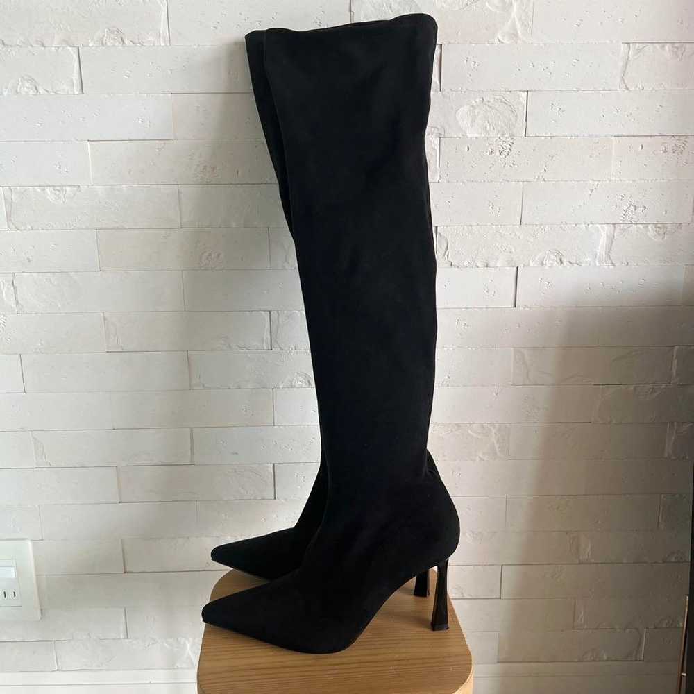 ZARA Mid-Heel Fabric Boots Suede Long Boots Black - image 5