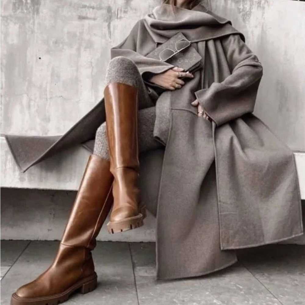 ZARA Flat Knee High Boots leather camel Lug Women… - image 1