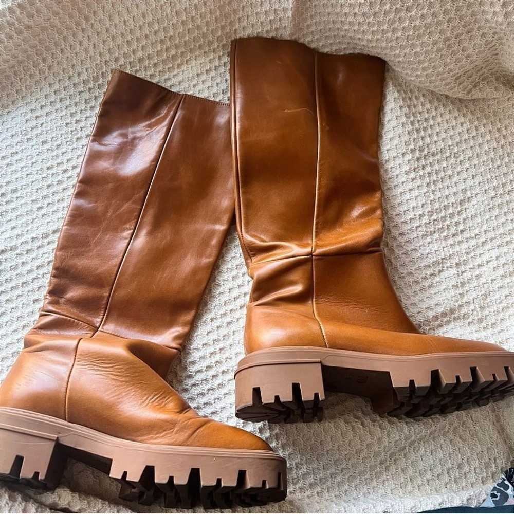 ZARA Flat Knee High Boots leather camel Lug Women… - image 8