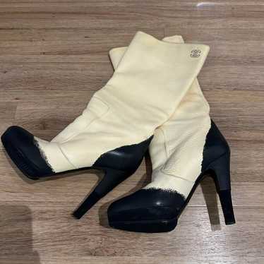 CHANEL Ivory and Black Long Boots Size 36