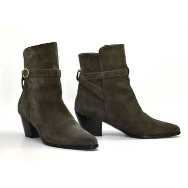 F0 Auth CELINE Olive Suede Buckle Strap Block Heel