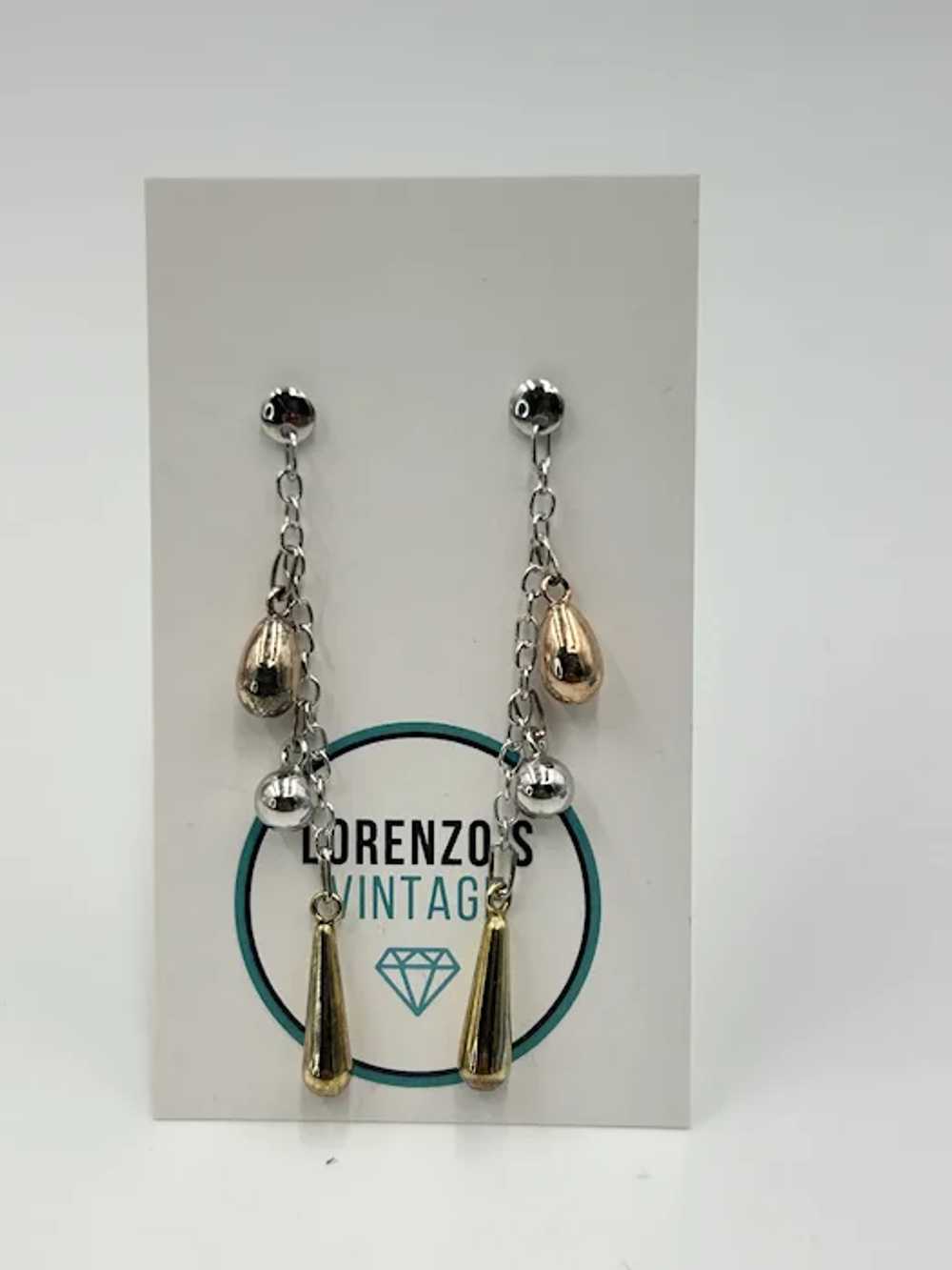 Tri-Color Gold Dangle Earrings Sterling Silver Ch… - image 3