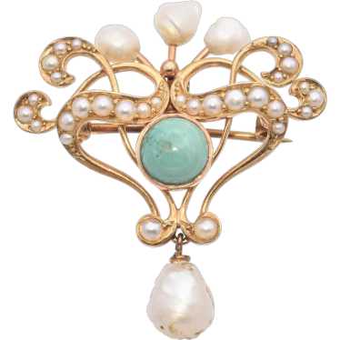 Antique 14k Yellow Gold Seed Pearl and Turquoise P