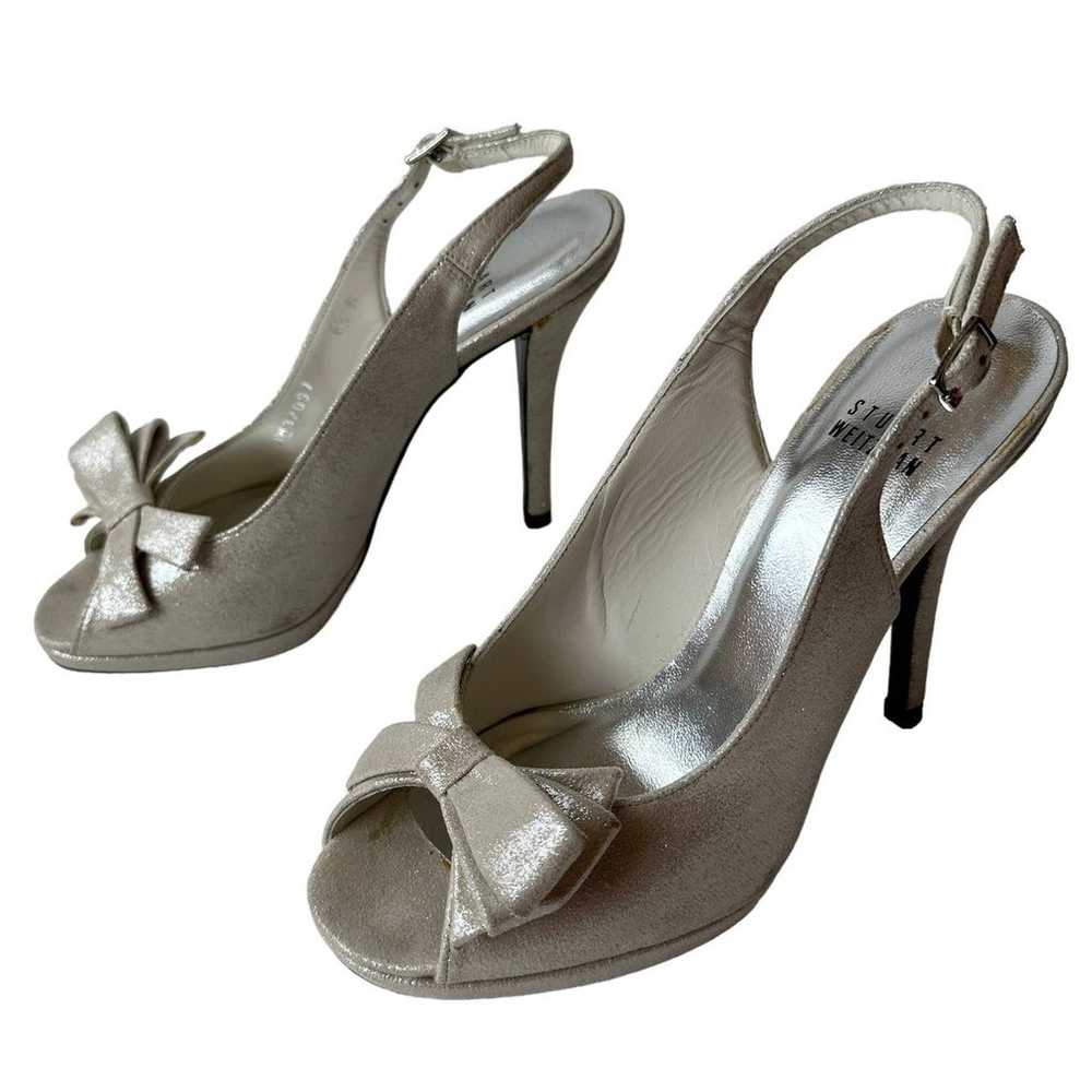 Stuart Weitzman Heels Tarot Silver Glazed Lame Le… - image 2