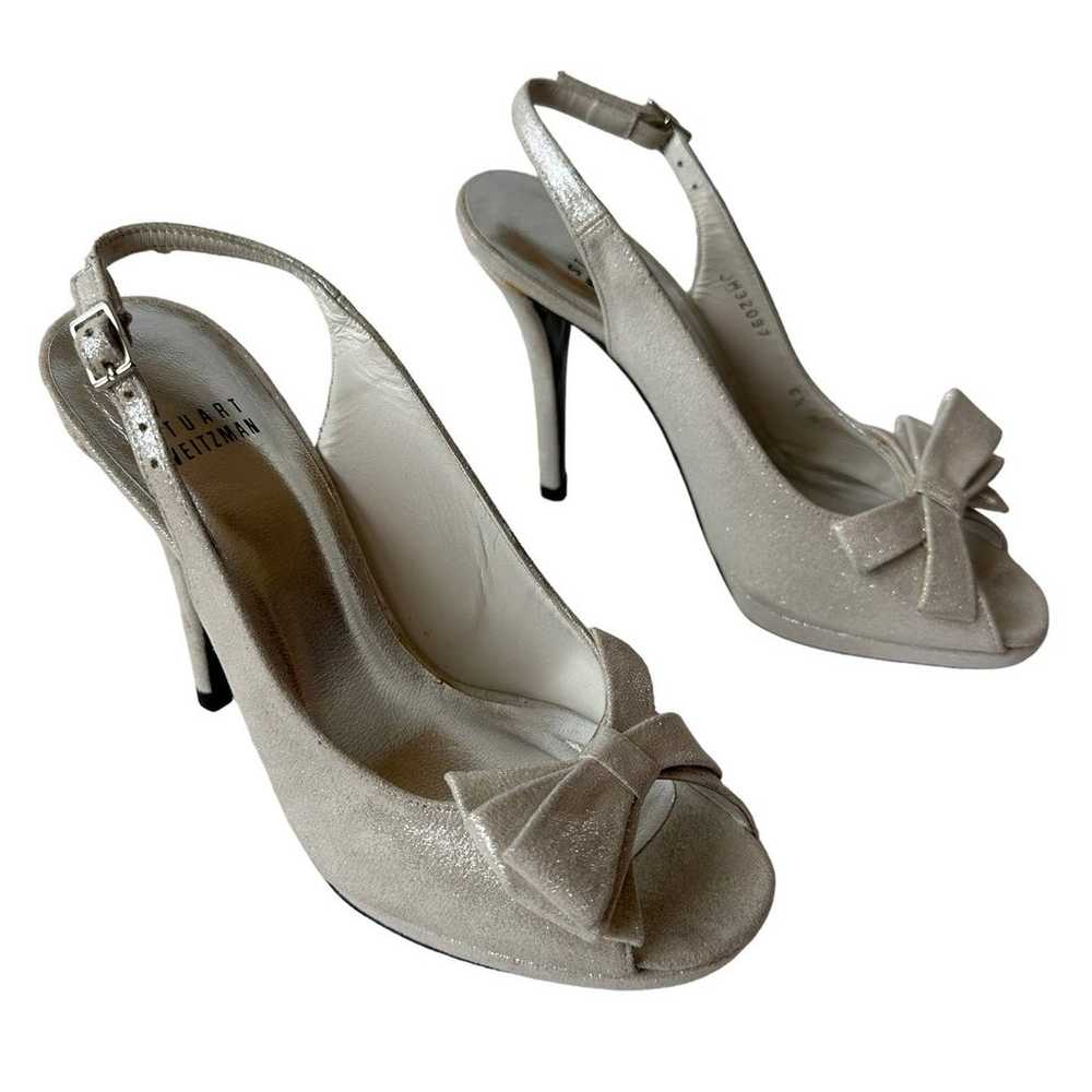 Stuart Weitzman Heels Tarot Silver Glazed Lame Le… - image 3