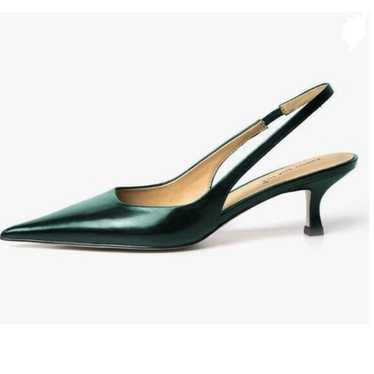 FSJ Dark Green Kitten Heel Slingback Sandal Pointy