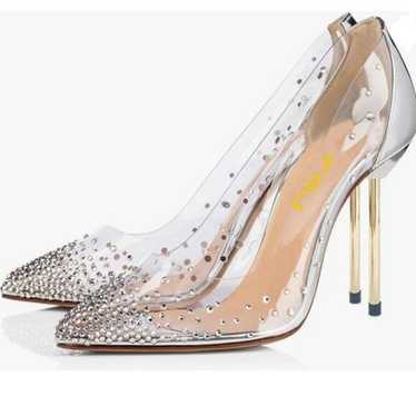 FSJ Silver Studded Pointed Toe Transparent Pumps H