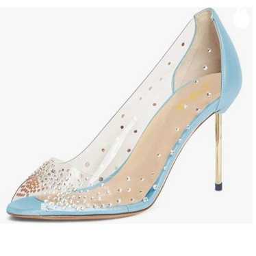 FSJ Sky Blue Studded Pointed Toe Transparent Pumps