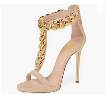 FSJ Nude T-Straps High Heel Golden Chains Open Toe