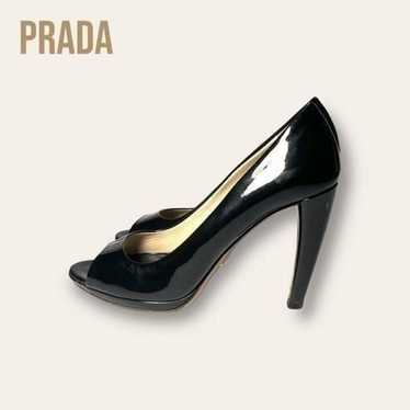 Prada Size 6.5 Black Patent Peep Toe Chunky Heel … - image 1