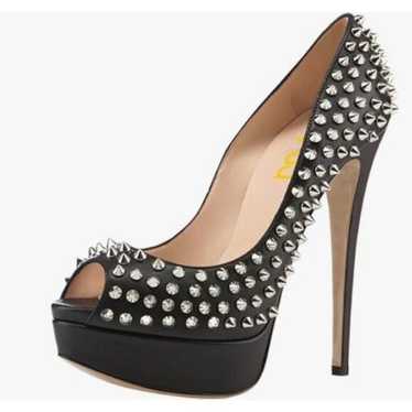 FSJ Black Classic Rivets Platform Heel Peep Toe Pu