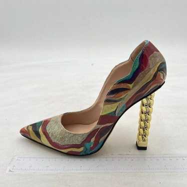 FSJ Beige print Gold Metal Chain Chunky High Heel 