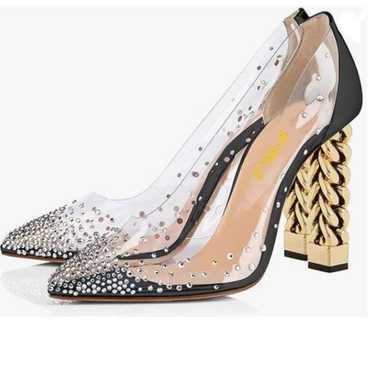 FSJ Black Crystal Golden Block High Heel Clear Pum