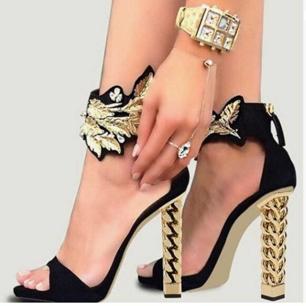 FSJ Black Vine Gold Metal Chain Chunky High Heels… - image 1