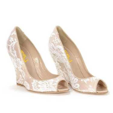 FSJ Nude Lace Wedding Wedge Pumps Elegant Peep Toe