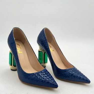 FSJ Blue Snake Print Pointed Toe Chunky High Heel 