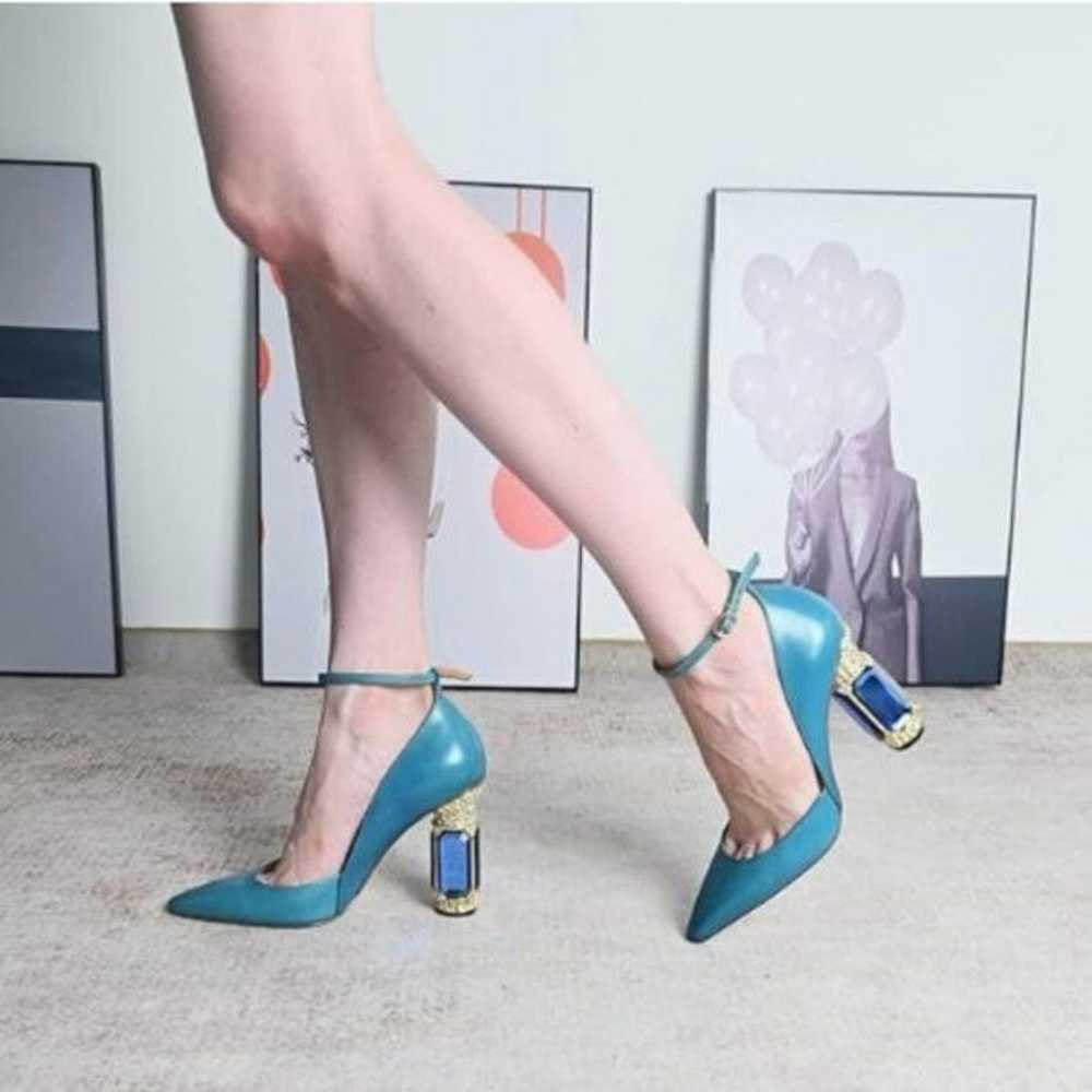 FSJ Blue Crystal Heels Pointed Toe Pumps Ankle St… - image 1