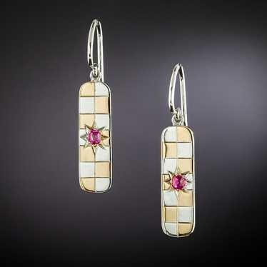 Retro Two-Tone Ruby Drop Earrings