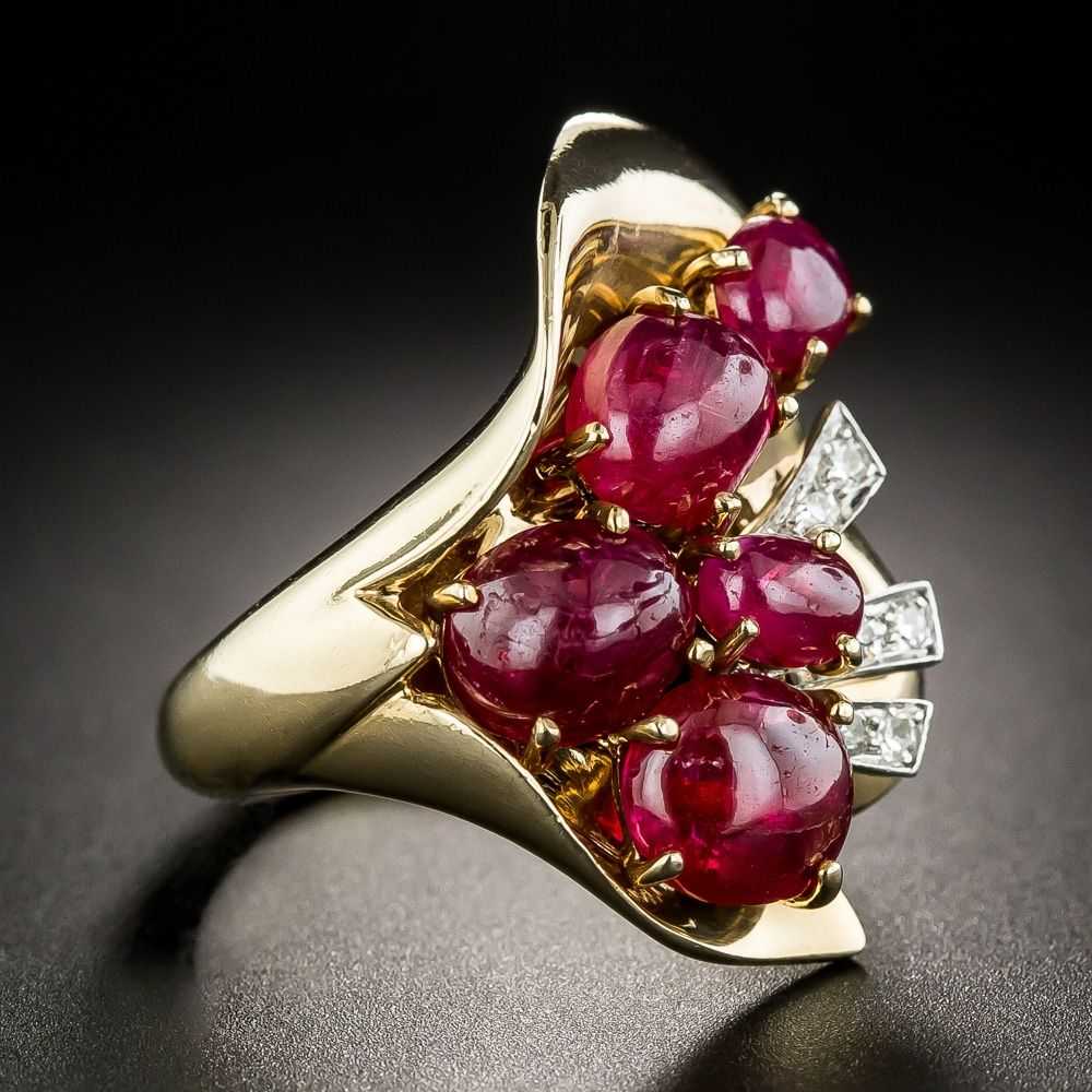 Retro Cabochon Ruby and Diamond Dinner Ring - image 2