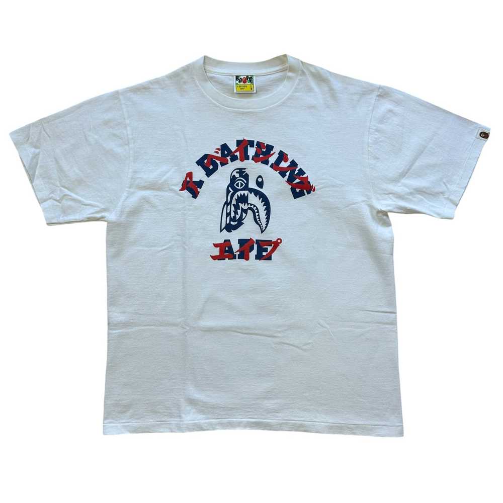 L Bape Tee College Logo Shark Face WHITE BLUE RED - image 1