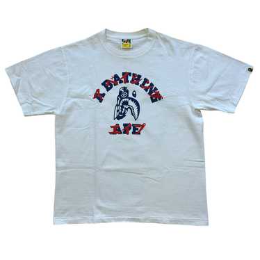 L Bape Tee College Logo Shark Face WHITE BLUE RED - image 1