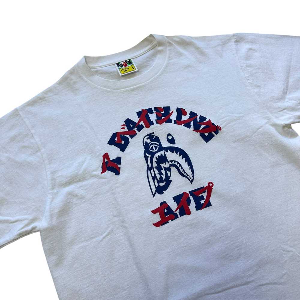 L Bape Tee College Logo Shark Face WHITE BLUE RED - image 2