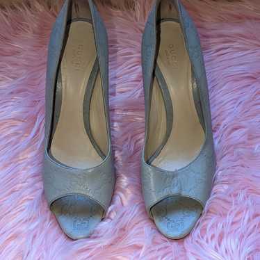 Gucci Monogram Baby Blue Open Heeled Pumps Authent