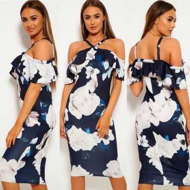 Yoins Navy Floral Print Off The Shoulder Party Dre