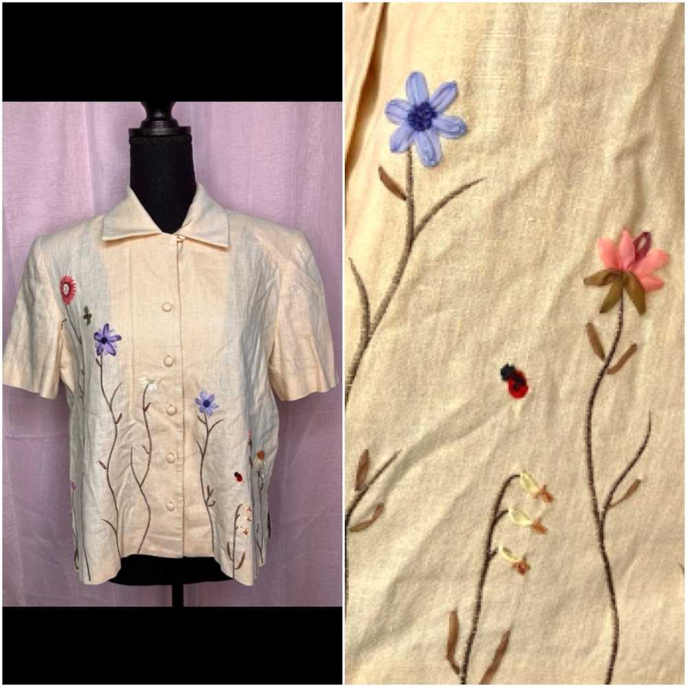 90s Positive Attitude linen bumble bee & flower e… - image 1