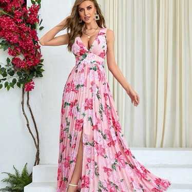 Pink Floral Pleated Maxi Dress Small Like New