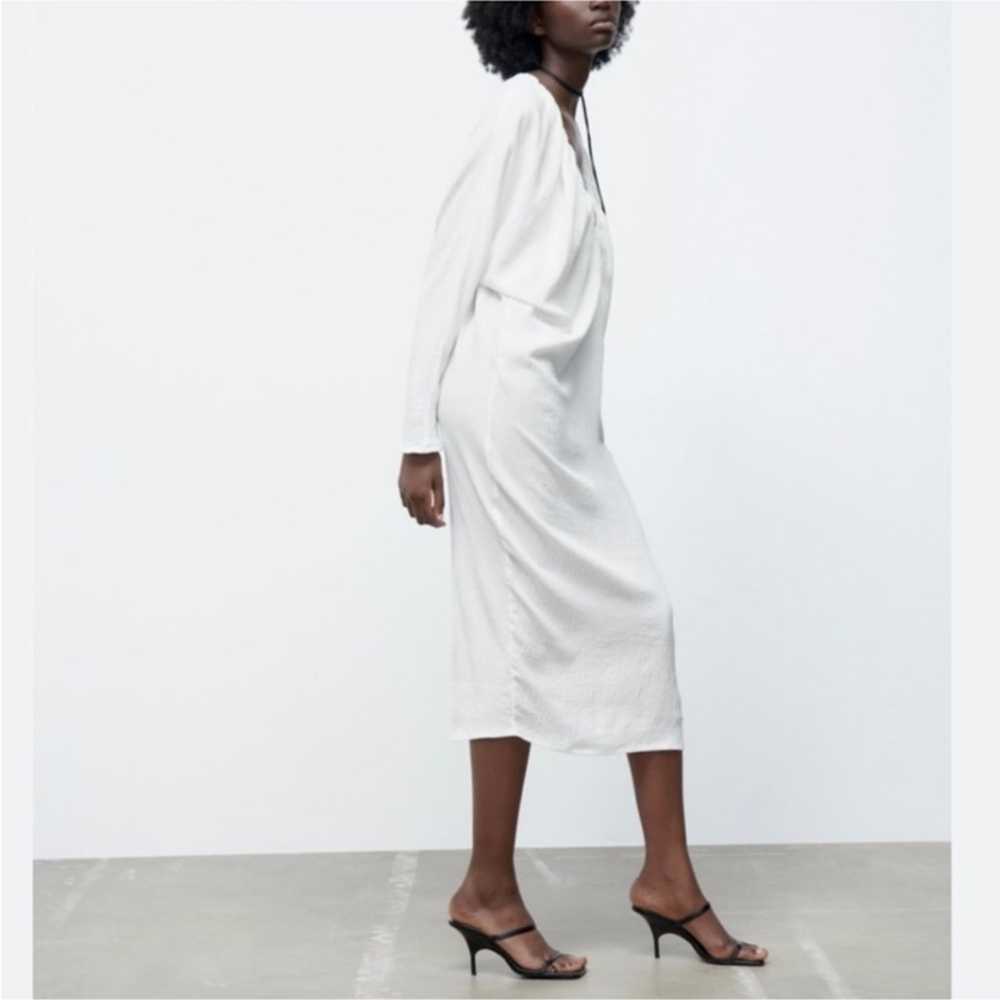 Zara Womens Ruched Midi Dress S White Long sleeved - image 10