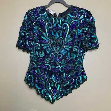 Laurence Kazar Beaded Blue Zip Up Blouse