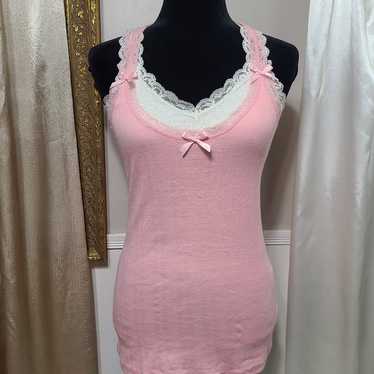 ♡ Y2k ♡ Baby Pink Lace Racerback Bow Cami - image 1