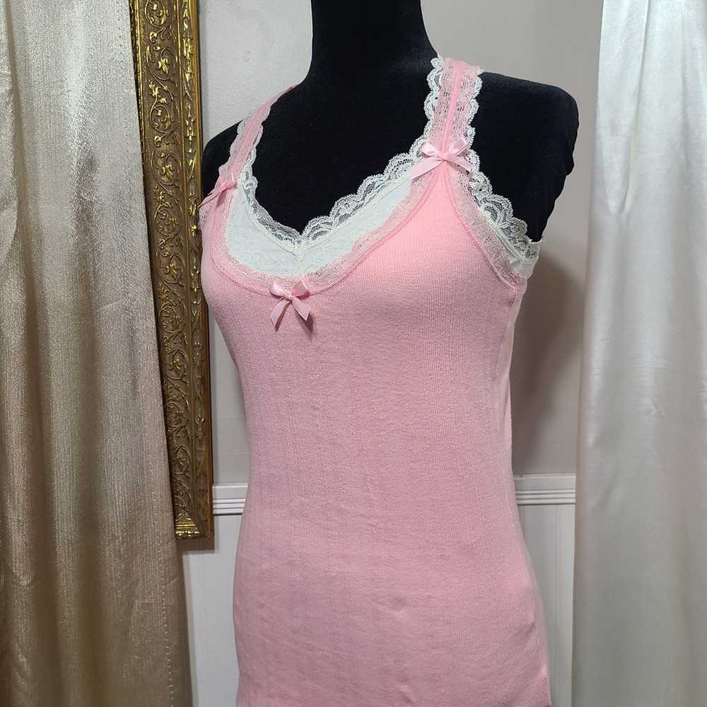 ♡ Y2k ♡ Baby Pink Lace Racerback Bow Cami - image 2