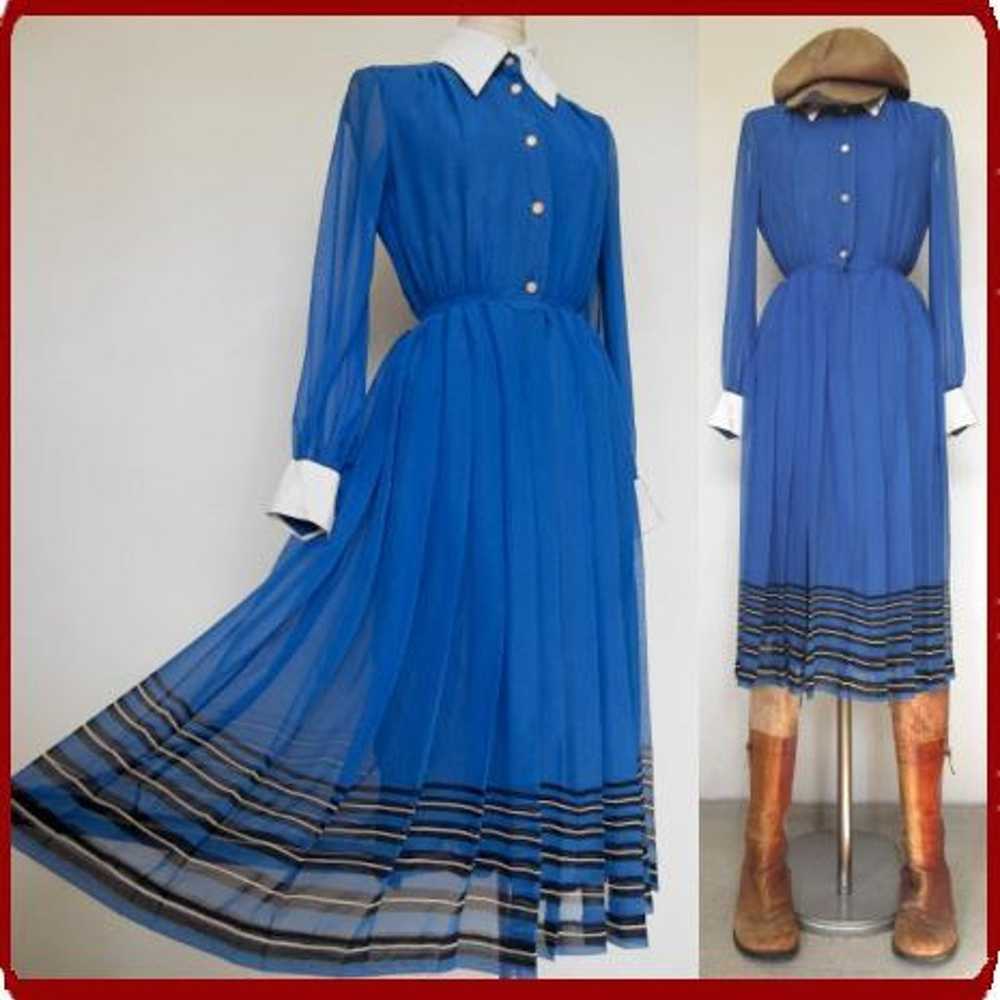 Vintage ♪ Retro Blue Chiffon Mod One Piece Dress … - image 1