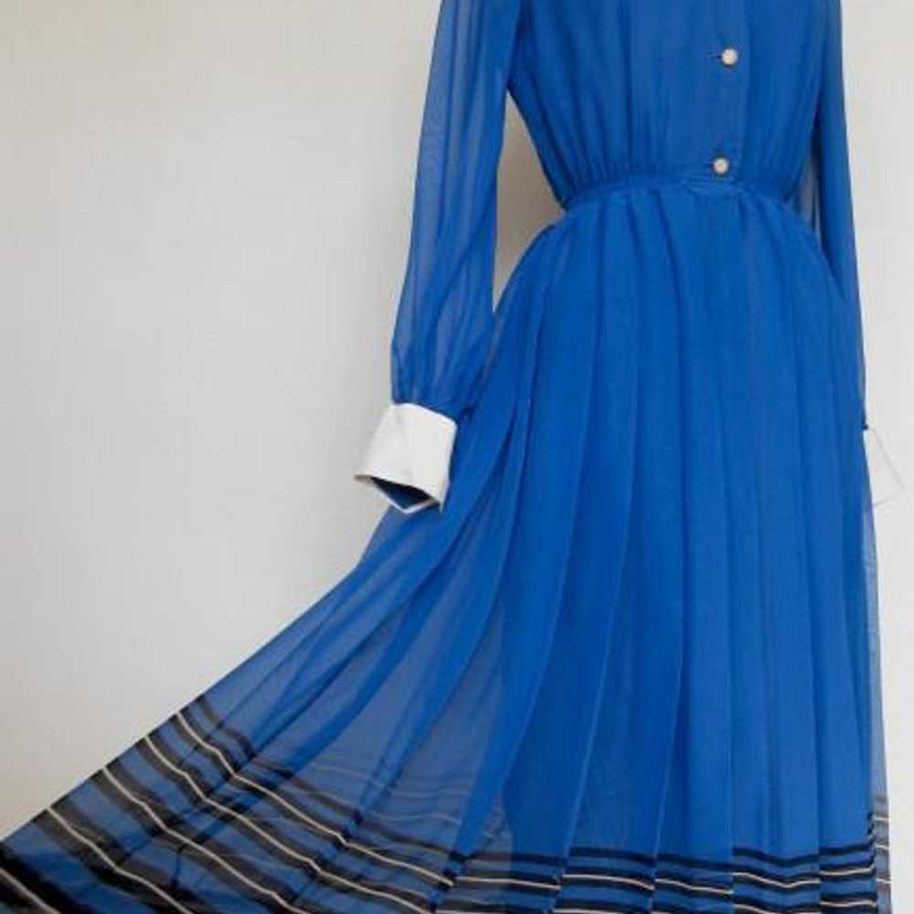 Vintage ♪ Retro Blue Chiffon Mod One Piece Dress … - image 5