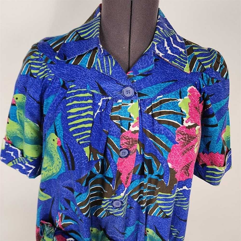 Vintage Hawaiian Dark Blue Button Front Parrot Pr… - image 3