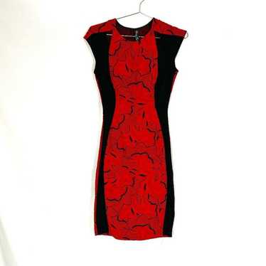 Elana Kattan Floral Textured Sheath Dress Red Blac