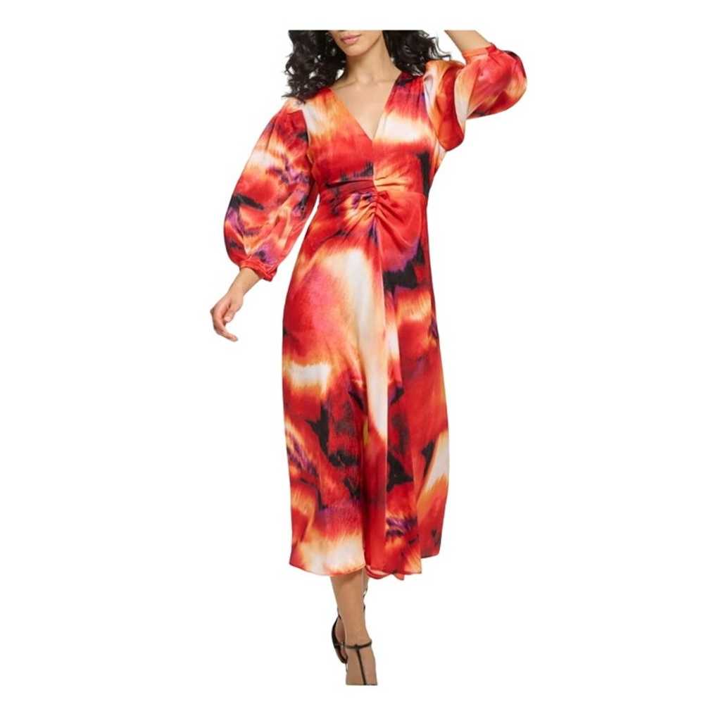 DKNY Womens Printed Puff Sleeves Midi Dress M - image 1