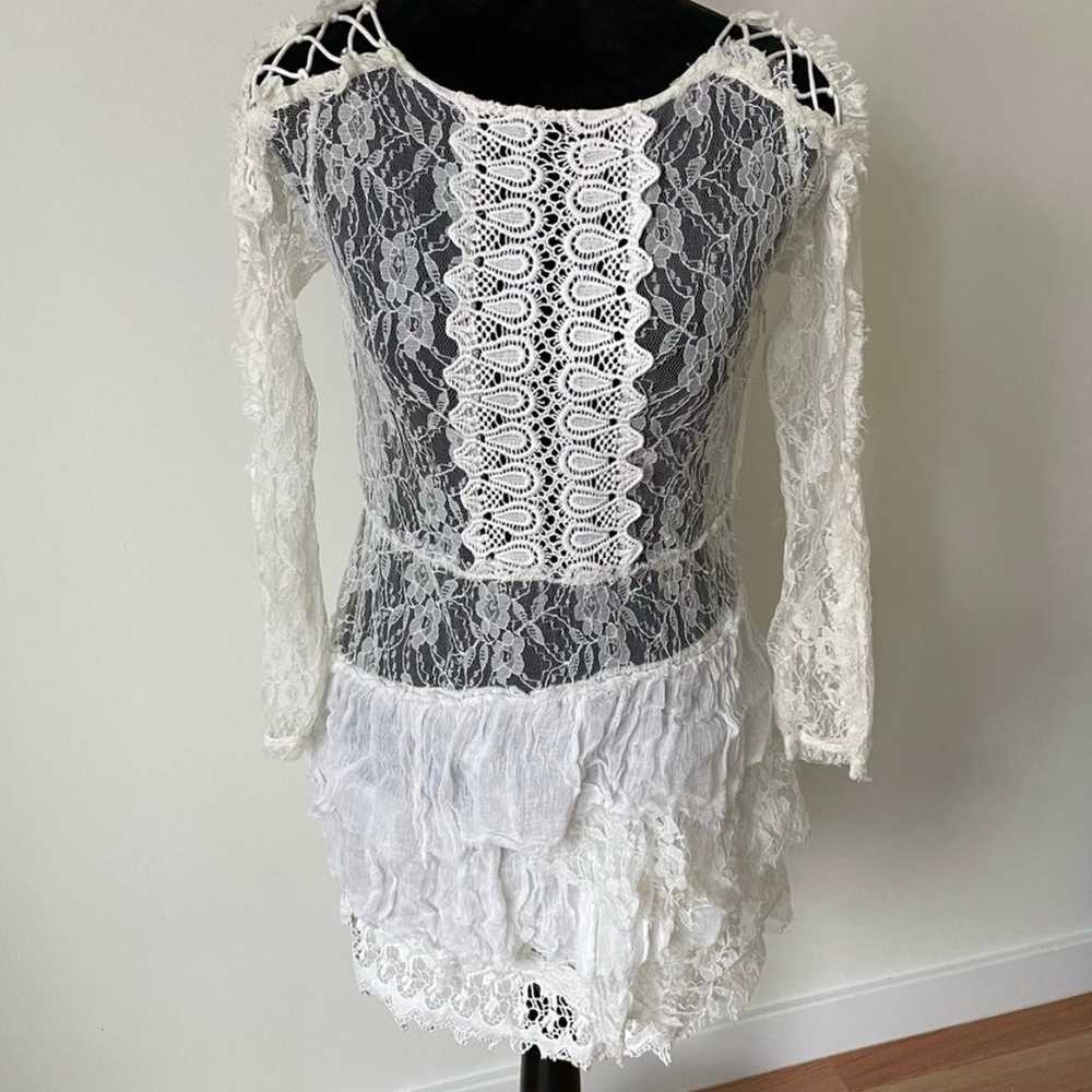 Free People Sheer White Lace Tiered Lace Up Long … - image 1