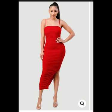 Privy Red Lux Ruched Mesh Layer Side Slit Midi Dr… - image 1