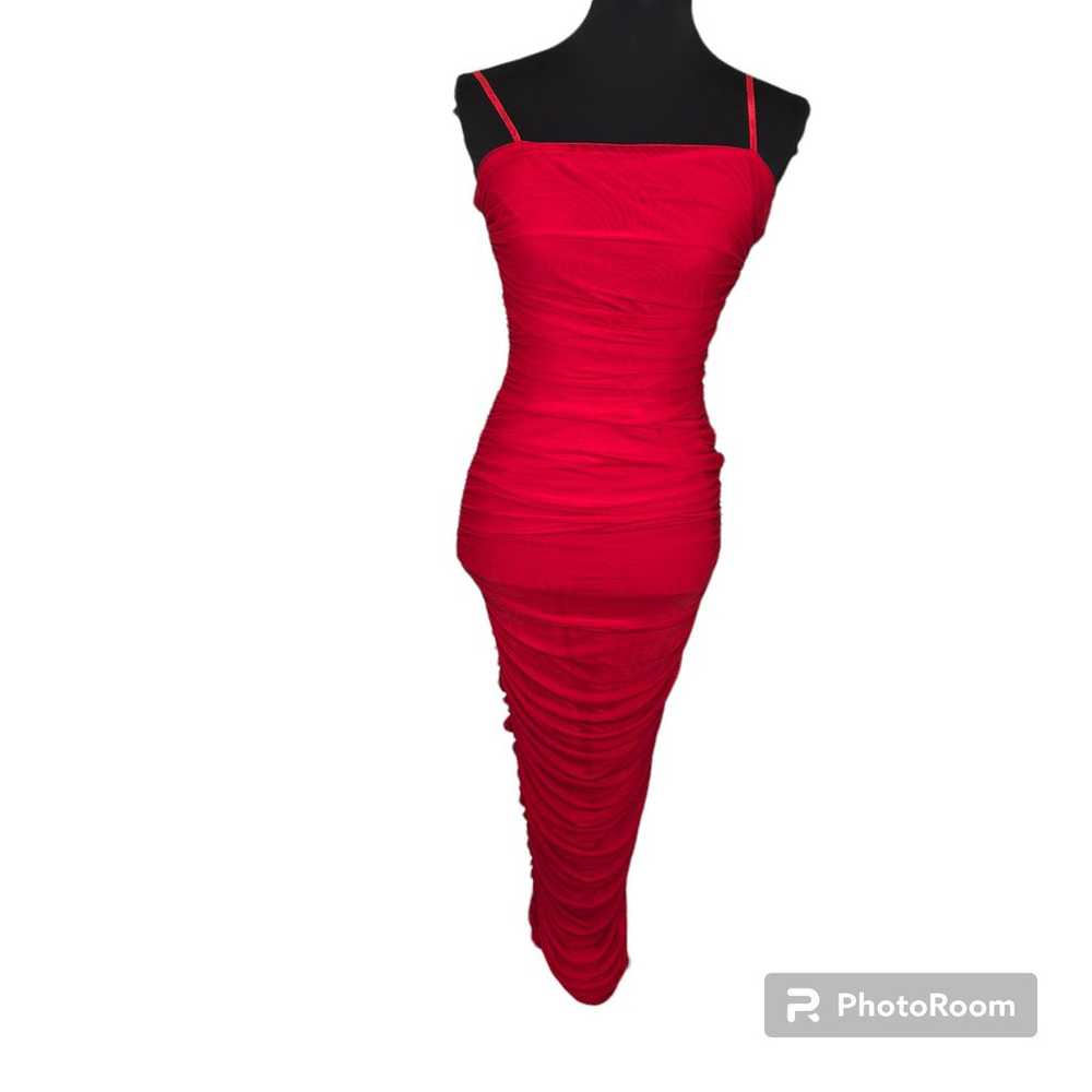 Privy Red Lux Ruched Mesh Layer Side Slit Midi Dr… - image 2